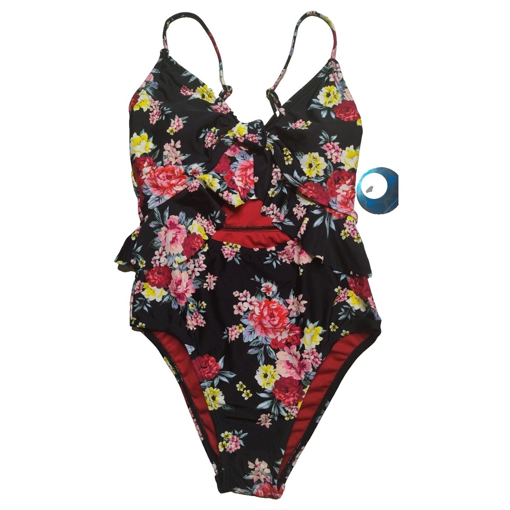 Decree Women XS Floral Print Cheeky Coverage Black One Piece Swimsuit NEW